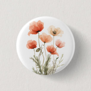 Coral Poppies Watercolor Floral Print Button