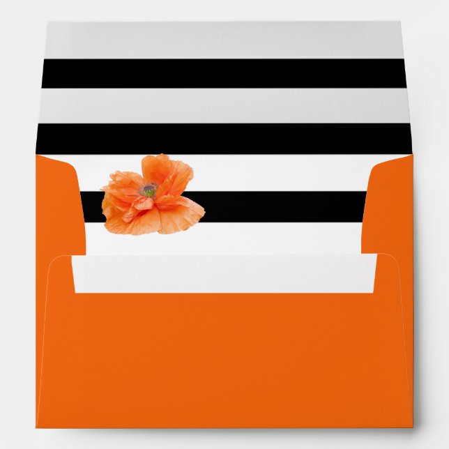 Coral poppy black white stripes floral wedding envelope (Back (Bottom))