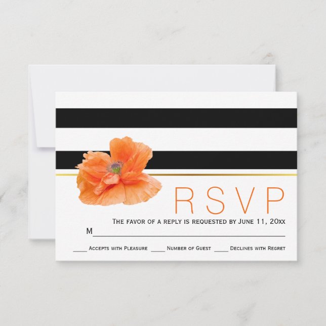 Coral poppy, black white stripes wedding RSVP (Front)