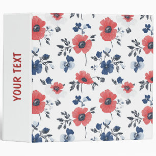 Coral Poppy Navy Blue Floral Botanical 3 Ring Binder