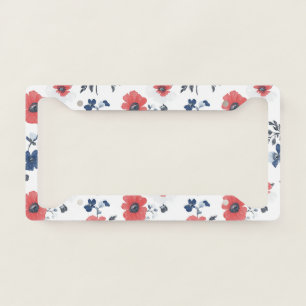 Coral Poppy Navy Blue Floral Botanical License Plate Frame