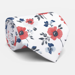 Coral Poppy Navy Blue Floral Botanical Neck Tie