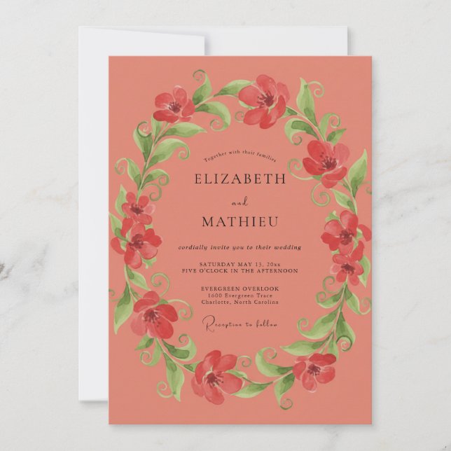 Coral Poppy Wreath Wedding Invitation (Front)