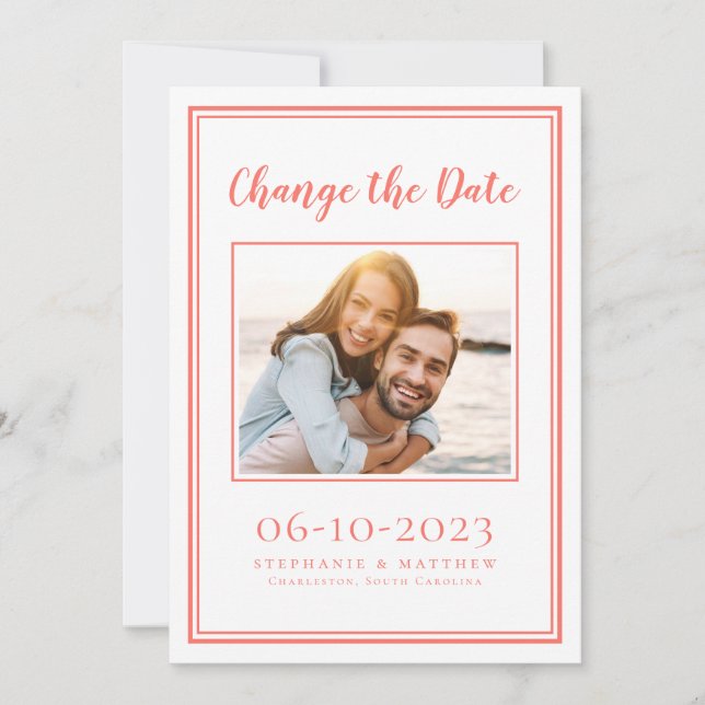 Coral Postponed Modern Wedding Photo Simple Save The Date (Front)