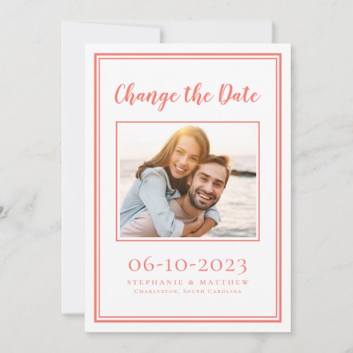 Coral Postponed Modern Wedding Photo Simple Save The Date