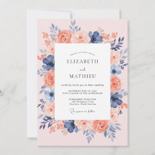 Coral Powder Blue Peony Wedding Invitation