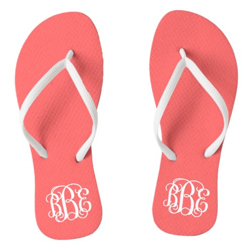 Coral Preppy Script Monogram Flip Flops