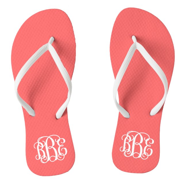 Coral Preppy Script Monogram Flip Flops (Footbed)