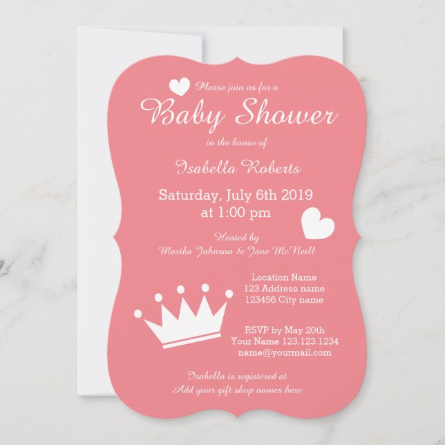 Coral princess crown baby shower invitations (Front)