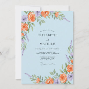 Coral Purple Azure Ranunculus Eucalyptus Wedding Invitation