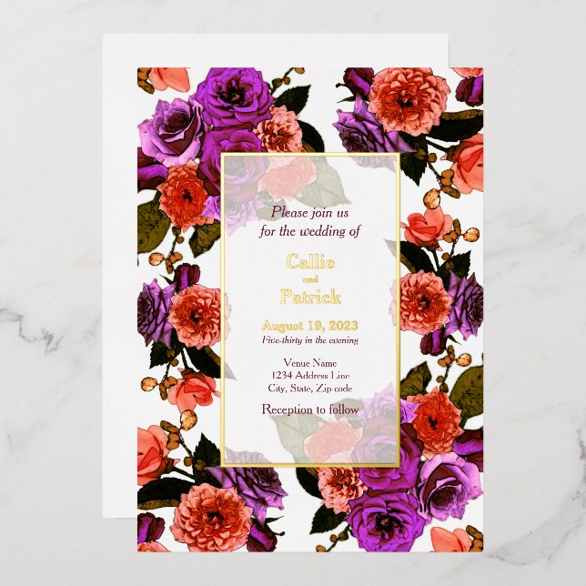 Coral & Purple Floral Garden - Wedding  Foil Invitation (Front/Back)