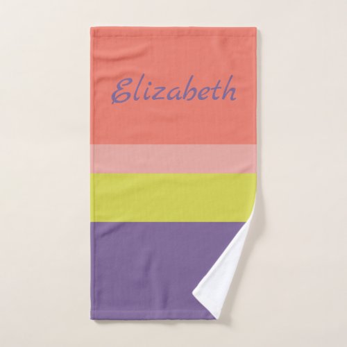 Coral purple green pink in stripes pattern name bath towel set