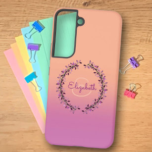 Coral Purple Ombre Wreath Encircled Monogram Name  Samsung Galaxy S22 Case