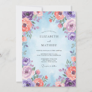 Coral Purple Ranunculus Muted Eucalyptus Wedding Invitation