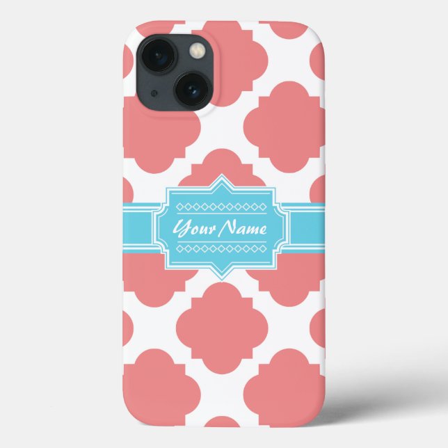 Coral Quatrefoil Aqua Personalized Name | N1 Case-Mate iPhone Case (Back)