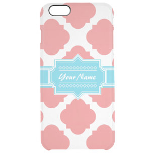Coral Quatrefoil Aqua Personalized Name N1 Clear iPhone 6 Plus Case