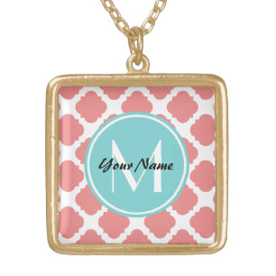 Coral Quatrefoil Mint Custom Monogram  N1 Gold Plated Necklace