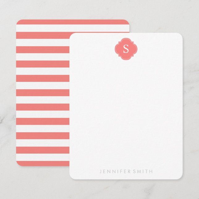 Coral Quatrefoil Monogram and Stripes Note Cards (Front/Back)