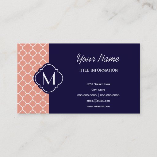Customizable Coral Quatrefoil Pattern with Monogram Business Card Templates
