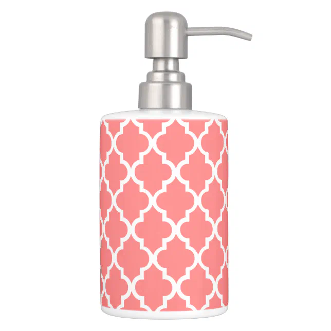 Coral Quatrefoil Tiles Pattern Soap Dispenser And Toothbrush Holder