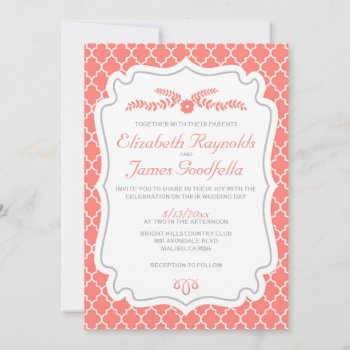 Coral Quatrefoil Wedding Invitations by topinvitations at Zazzle