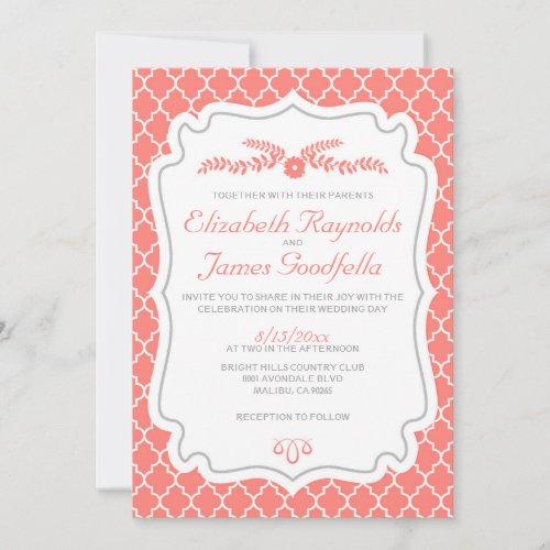 Coral Quatrefoil Wedding Invitations