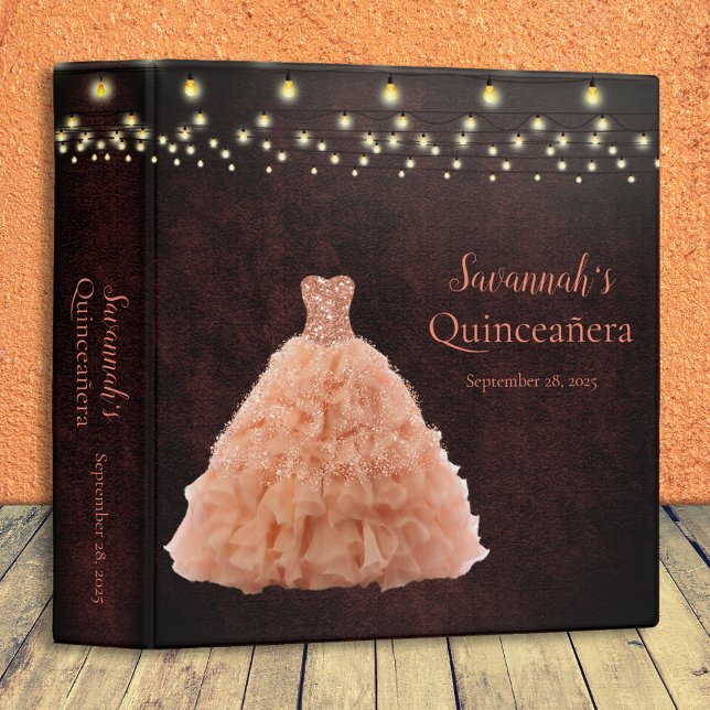 Coral Quinceanera Dress String Light Photo Album 3 Ring Binder (Creator Uploaded)