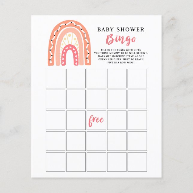 Coral Rainbow Baby Shower Bingo Game (Front)