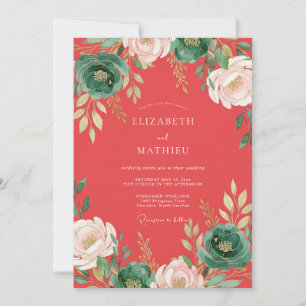 Coral Ranunculus Foliage Eucalyptus Wedding Invitation