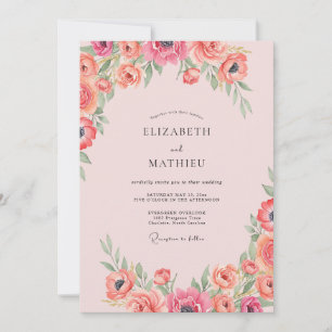 Coral Ranunculus Pink Eucalyptus Wedding Invitation