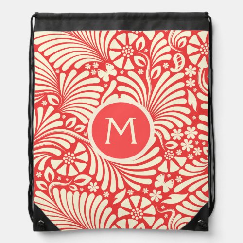 Coral_Red And Beige Baroque Damasks Pattern Drawstring Bag