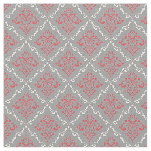 Coral Red and Cream Damask on Silver Gray Fabric