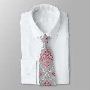Coral Red and Cream Damask on Silver Gray Tie