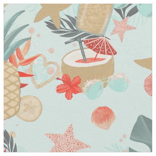 Coral Red and Mint Beach Pattern Fabric