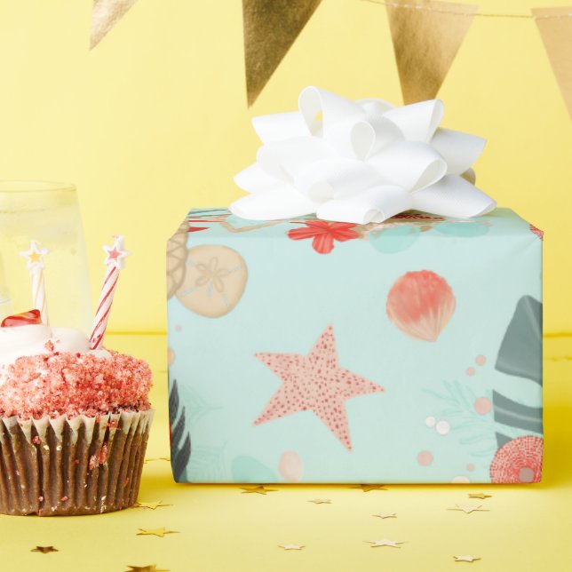 Coral Red and Mint Beach Pattern Wrapping Paper (Birthday Party)