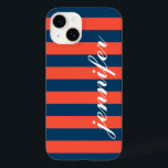 Coral Red and Navy Stripes Custom Script Monogram Case-Mate iPhone 14 Case<br><div class="desc">Dress up and protect your iphone with a preppy,  modern and bold striped pattern design that is custom monogrammed with your first name in a lowercase script font.  Dark navy / indigo blue and coral orange red horizontal stripes contrasted with white text.</div>