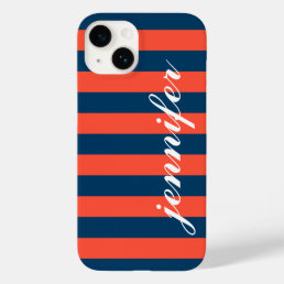 Coral Red and Navy Stripes Custom Script Monogram Case-Mate iPhone 14 Case
