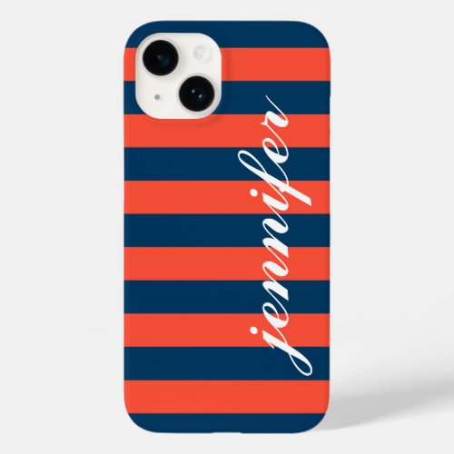 Coral Red and Navy Stripes Custom Script Monogram Case_Mate iPhone 14 Case