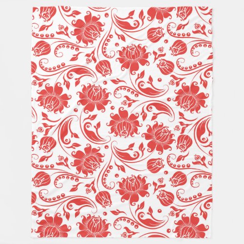 Coral Red And White Floral Damasks Fleece Blanket