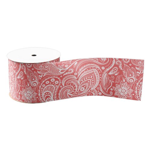 Coral_Red And White Floral Paisley Pattern Grosgrain Ribbon