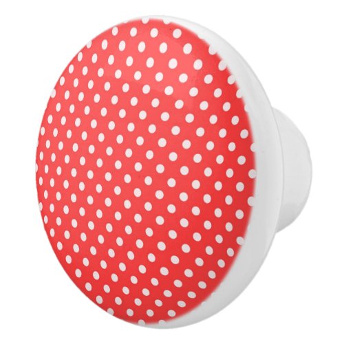 Coral Red and White Polka Dot Pattern Ceramic Knob