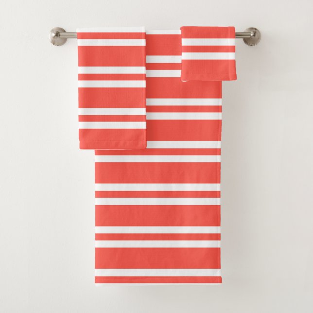 Coral Red and White Stripes Bath Towel Set (Insitu)