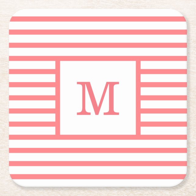 Coral Red and White Stripes Custom Monogram Square Paper Coaster (Front)