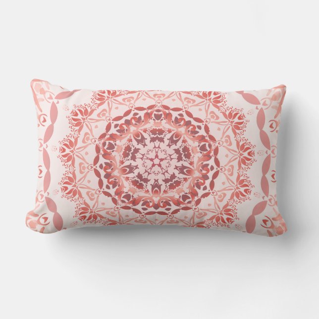 Coral Red Apricot Damask Mandala Lumbar Pillow (Front)