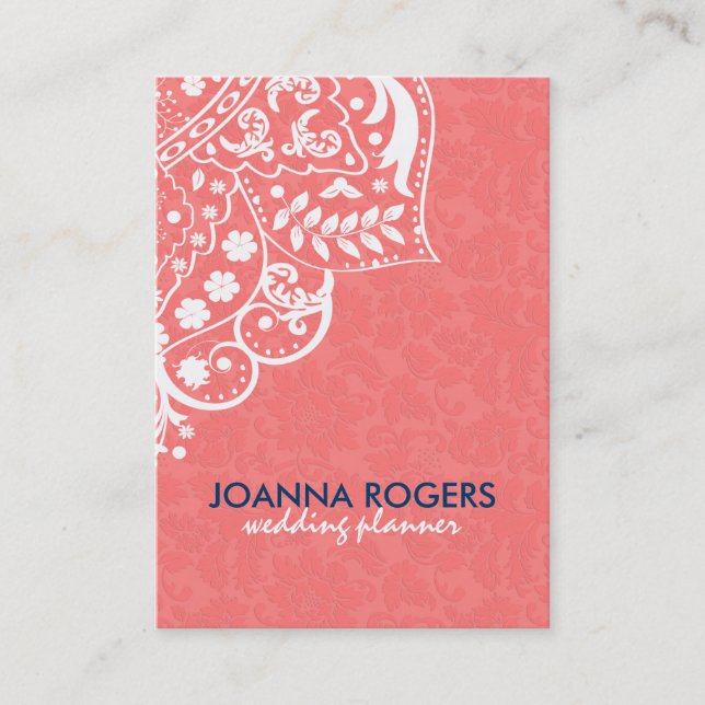 Coral-Red Background And White Floral Lace Business Card (Front)
