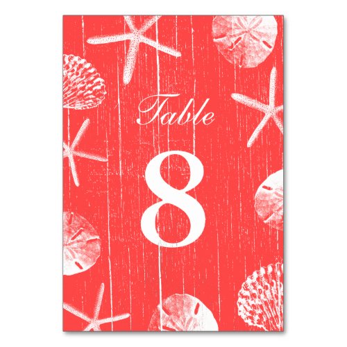 Coral Red Beach Theme Seashells Table Numbers