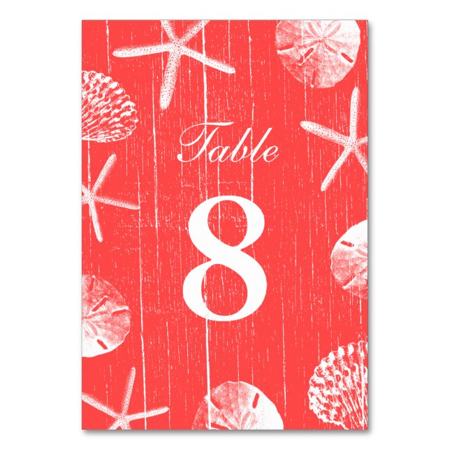 Coral Red Beach Theme Seashells Table Numbers (Front)