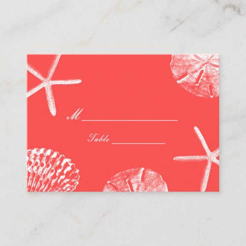 Coral Red Beach Theme Seashells Wedding Place Card