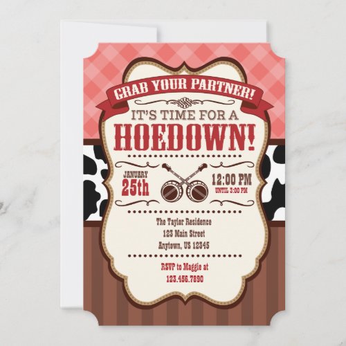 Coral Red Brown Hoedown Party Invitation