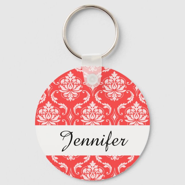 Coral Red Classic Damask Pattern Keychain (Front)